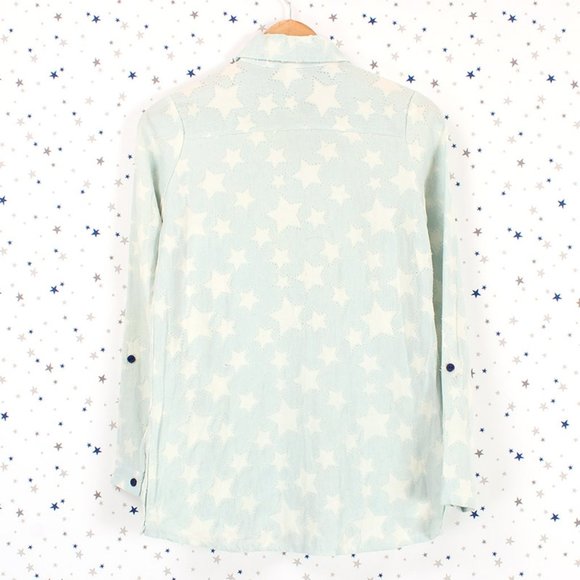 Star Pattern Distressed Button Up Denim Shirt - Picture 2 of 13